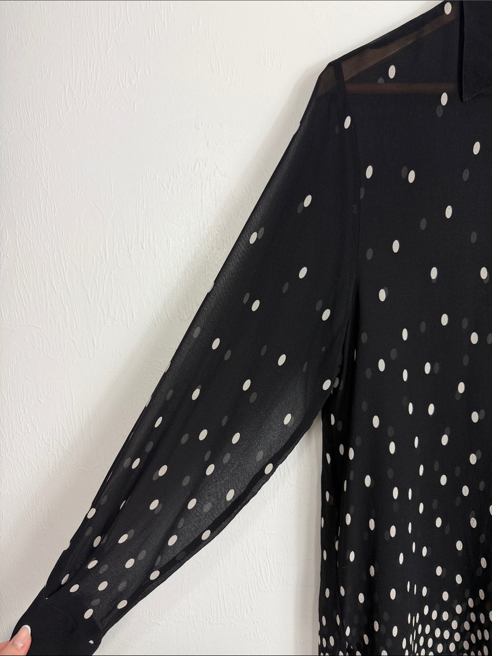 Vintage Lord & Taylor Black Sheer Polka Dot Blouse Petite 12P Button Front - Picture 3 of 9